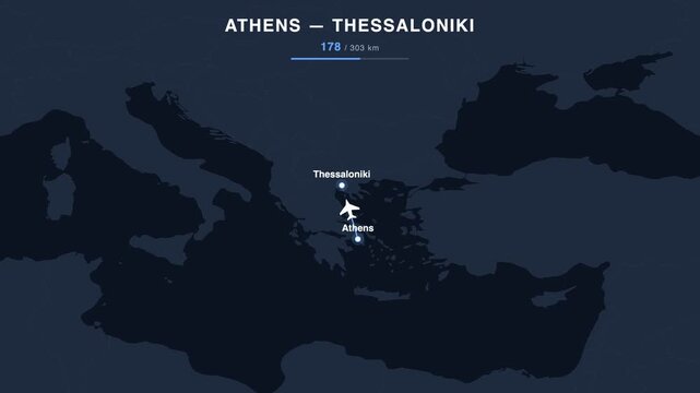 Flight route from Athens to Thessaloniki animated on a world map. Seamless looping 4K travel animation, 303 km.