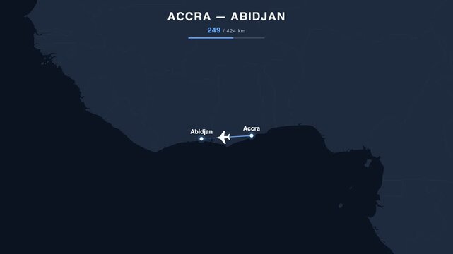 Flight route from Accra to Abidjan animated on a world map. Seamless looping 4K travel animation, 424 km.