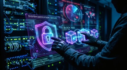Obraz premium Hands Touching Holographic Cyberâ€¦ Concept for Modern Technology Innovation