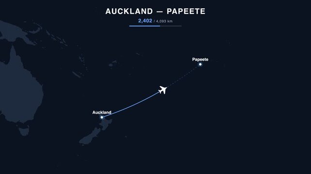 Flight route from Auckland to Papeete animated on a world map. Seamless looping 4K travel animation, 4,093 km.