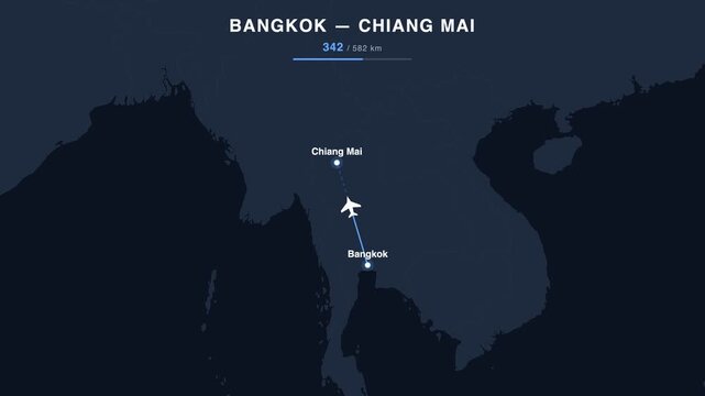 Flight route from Bangkok to Chiang Mai animated on a world map. Seamless looping 4K travel animation, 582 km.