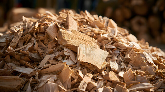A detailed closeup view of a large pile of fresh wood chips and sawdust in natural daylight, highlighting the organic texture and warm brown tones of the stacked lumber material for industrial use
