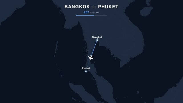 Flight route from Bangkok to Phuket animated on a world map. Seamless looping 4K travel animation, 693 km.