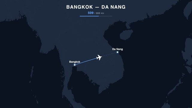 Flight route from Bangkok to Da Nang animated on a world map. Seamless looping 4K travel animation, 868 km.