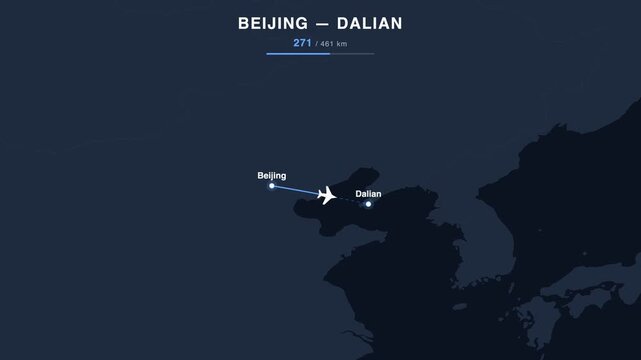Flight route from Beijing to Dalian animated on a world map. Seamless looping 4K travel animation, 461 km.