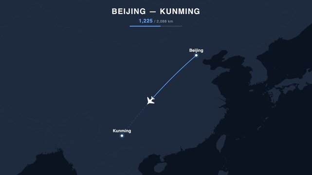 Flight route from Beijing to Kunming animated on a world map. Seamless looping 4K travel animation, 2,088 km.