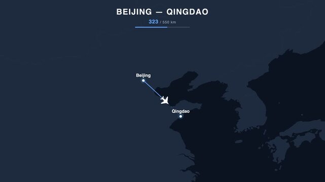 Flight route from Beijing to Qingdao animated on a world map. Seamless looping 4K travel animation, 550 km.