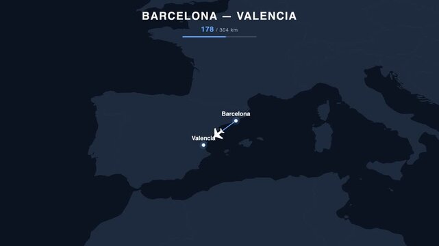 Flight route from Barcelona to Valencia animated on a world map. Seamless looping 4K travel animation, 304 km.