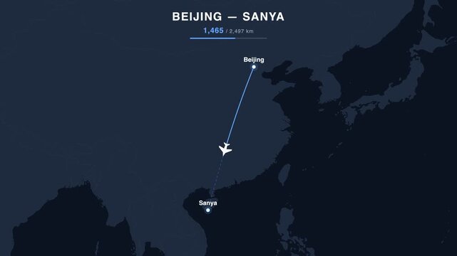 Flight route from Beijing to Sanya animated on a world map. Seamless looping 4K travel animation, 2,497 km.