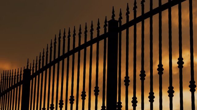 A black metal fence with pointed bars stands in silhouette against an orange sky. The close view emphasizes a boundary, repeated lines and dark shapes.