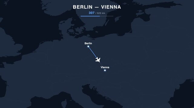 Flight route from Berlin to Vienna animated on a world map. Seamless looping 4K travel animation, 523 km.
