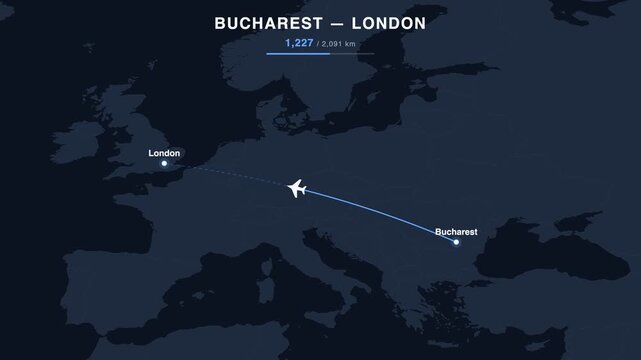 Flight route from Bucharest to London animated on a world map. Seamless looping 4K travel animation, 2,091 km.