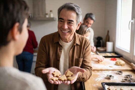 Multi-generation family enjoying baking holiday cookies together in a home kitchen