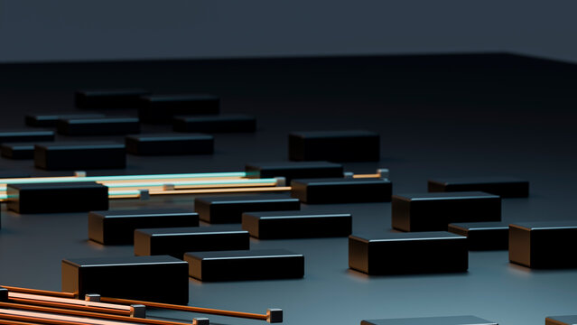 Black rectangular blocks with glowing rods