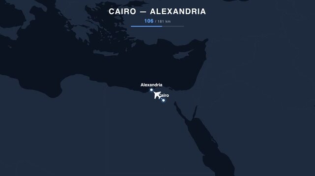 Flight route from Cairo to Alexandria animated on a world map. Seamless looping 4K travel animation, 181 km.