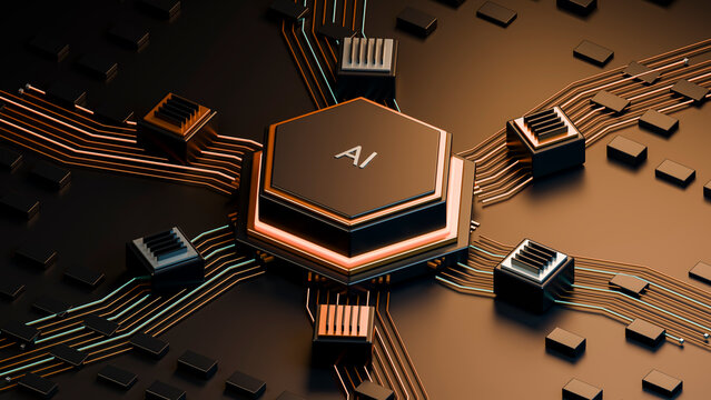 Close-up of ai microchip on circuit board with electronic connections