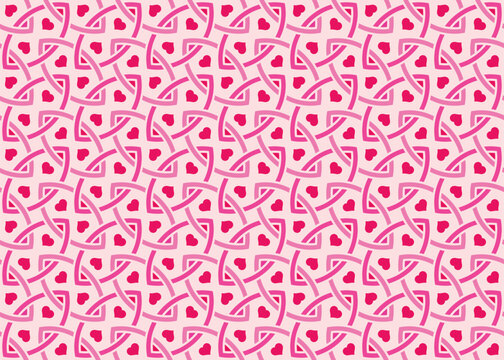 Small red hearts romantic background, Seamless Interlaced Geometric Lattice background, vector pattern with interlaced curved ribbon motifs arranged in a repeating lattice. Flat vector design