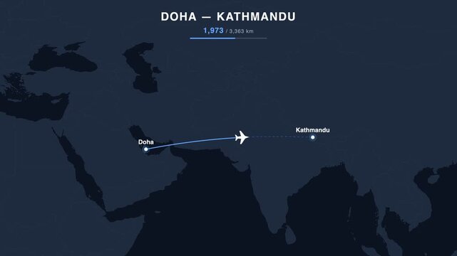 Flight route from Doha to Kathmandu animated on a world map. Seamless looping 4K travel animation, 3,363 km.