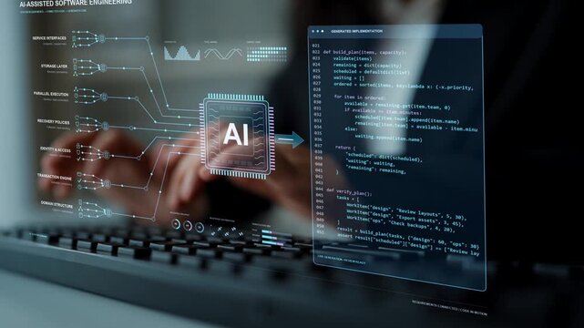 A person types on a keyboard. Service design, parallel processing and recovery needs feed an AI coding workflow that translates system behavior into a coordinated software implementation.