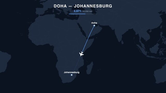 Flight route from Doha to Johannesburg animated on a world map. Seamless looping 4K travel animation, 6,255 km.