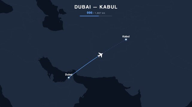 Flight route from Dubai to Kabul animated on a world map. Seamless looping 4K travel animation, 1,697 km.