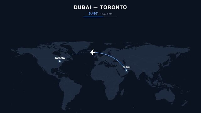 Flight route from Dubai to Toronto animated on a world map. Seamless looping 4K travel animation, 11,071 km.