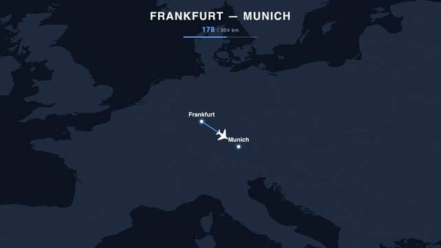 Flight route from Frankfurt to Munich animated on a world map. Seamless looping 4K travel animation, 304 km.