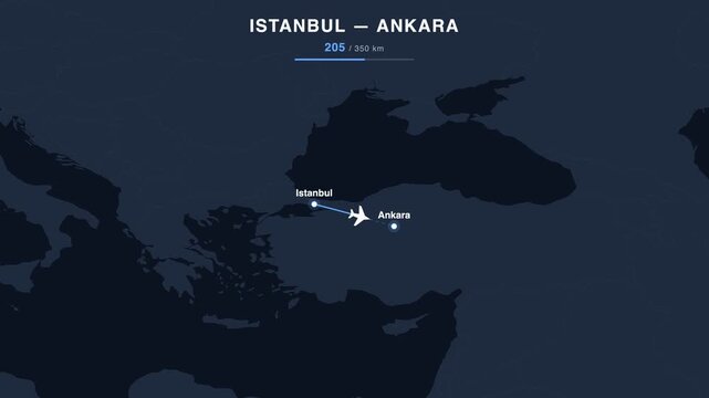 Flight route from Istanbul to Ankara animated on a world map. Seamless looping 4K travel animation, 350 km.