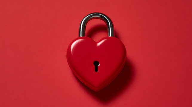 Red heart shaped padlock on a solid red background symbolizing love romance passion and commitment on valentines day concept studio shot with bright lighting and smooth metallic details representing d