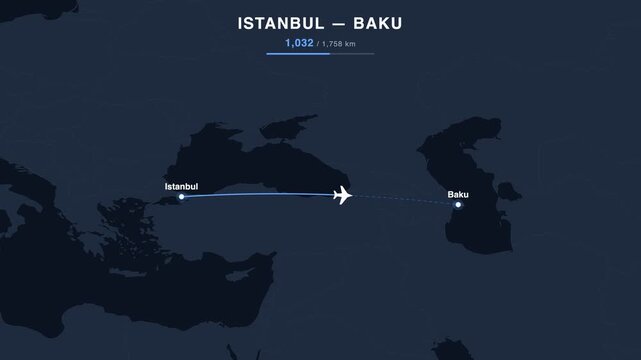 Flight route from Istanbul to Baku animated on a world map. Seamless looping 4K travel animation, 1,758 km.
