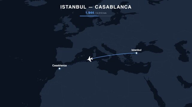 Flight route from Istanbul to Casablanca animated on a world map. Seamless looping 4K travel animation, 3,313 km.