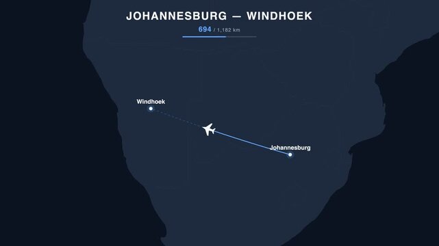 Flight route from Johannesburg to Windhoek animated on a world map. Seamless looping 4K travel animation, 1,182 km.
