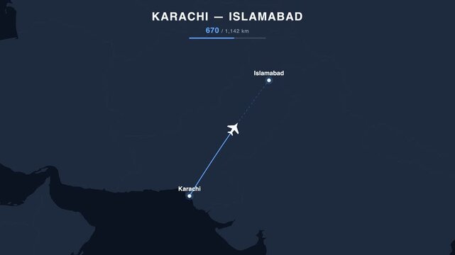 Flight route from Karachi to Islamabad animated on a world map. Seamless looping 4K travel animation, 1,142 km.