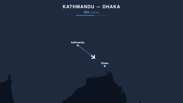 Flight route from Kathmandu to Dhaka animated on a world map. Seamless looping 4K travel animation, 670 km.
