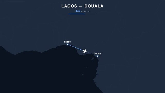 Flight route from Lagos to Douala animated on a world map. Seamless looping 4K travel animation, 753 km.
