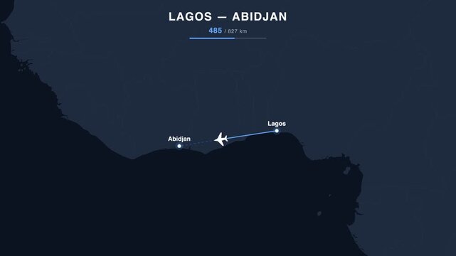 Flight route from Lagos to Abidjan animated on a world map. Seamless looping 4K travel animation, 827 km.