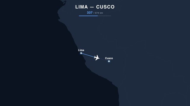 Flight route from Lima to Cusco animated on a world map. Seamless looping 4K travel animation, 574 km.