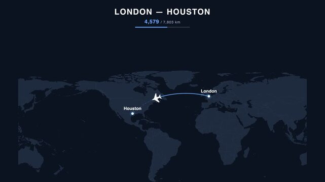 Flight route from London to Houston animated on a world map. Seamless looping 4K travel animation, 7,803 km.