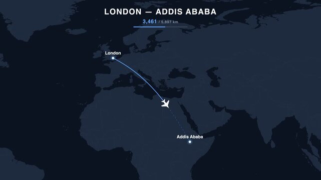 Flight route from London to Addis Ababa animated on a world map. Seamless looping 4K travel animation, 5,897 km.