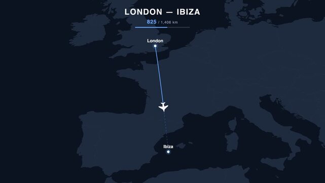 Flight route from London to Ibiza animated on a world map. Seamless looping 4K travel animation, 1,406 km.