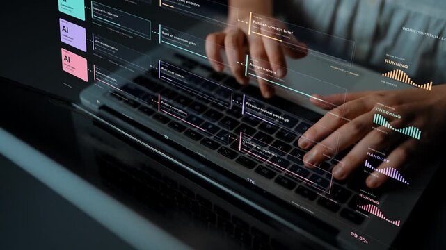 Hands type on a laptop. An agentic work process separates research, coding and review into assigned stages, using communication and verification to connect tasks with a shared objective.