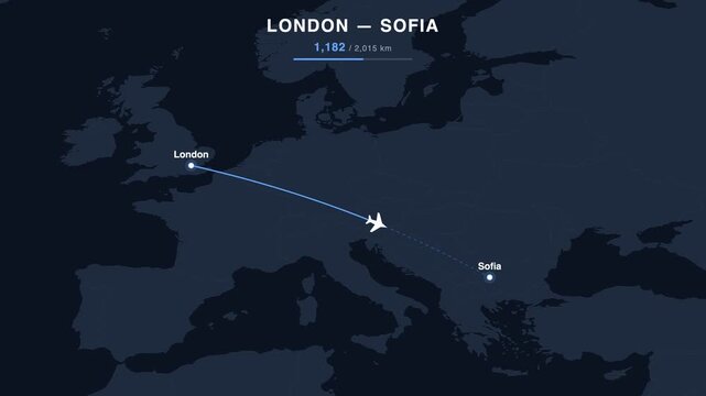 Flight route from London to Sofia animated on a world map. Seamless looping 4K travel animation, 2,015 km.
