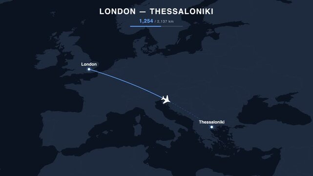 Flight route from London to Thessaloniki animated on a world map. Seamless looping 4K travel animation, 2,137 km.