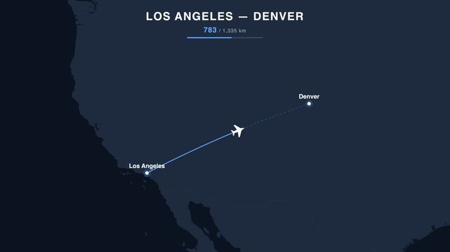Flight route from Los Angeles to Denver animated on a world map. Seamless looping 4K travel animation, 1,335 km.
