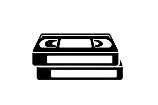 Stack of two classic VHS video cassette tapes in black and white.