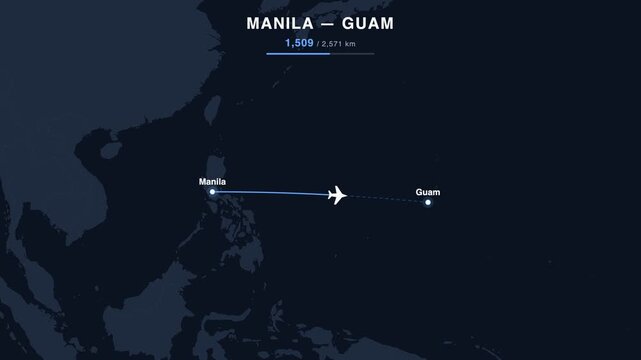 Flight route from Manila to Guam animated on a world map. Seamless looping 4K travel animation, 2,571 km.