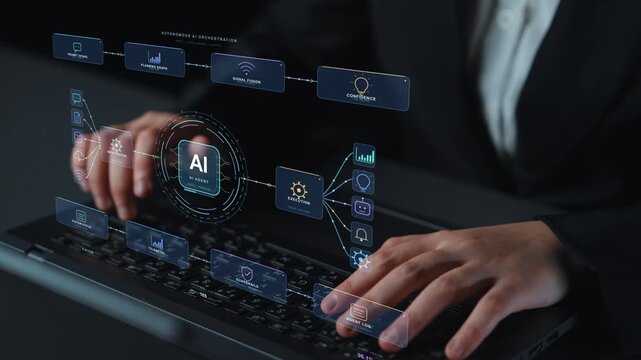AI specialist works on a laptop. An agentic network links input routing with contextual reasoning, illustrating how an AI agent organizes information before producing a response.