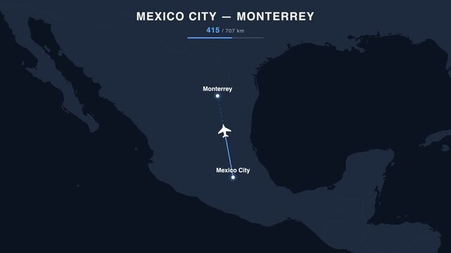 Flight route from Mexico City to Monterrey animated on a world map. Seamless looping 4K travel animation, 707 km.