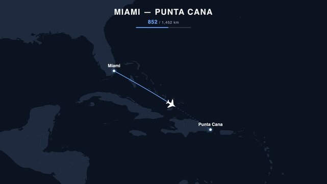 Flight route from Miami to Punta Cana animated on a world map. Seamless looping 4K travel animation, 1,452 km.