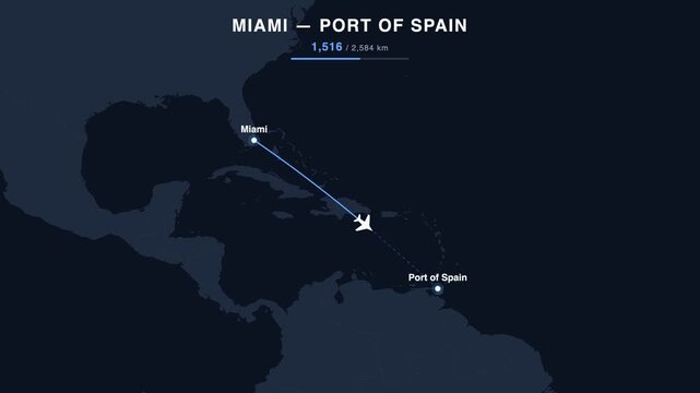 Flight route from Miami to Port of Spain animated on a world map. Seamless looping 4K travel animation, 2,584 km.